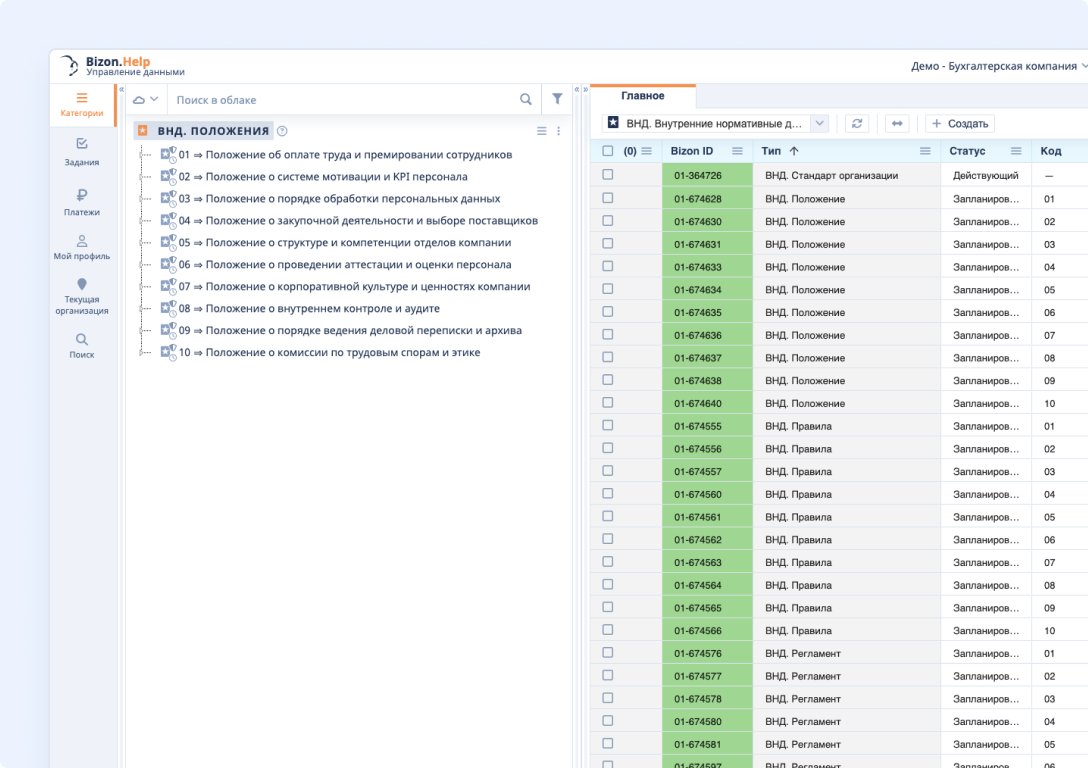 Рабочее пространство Bizon.help