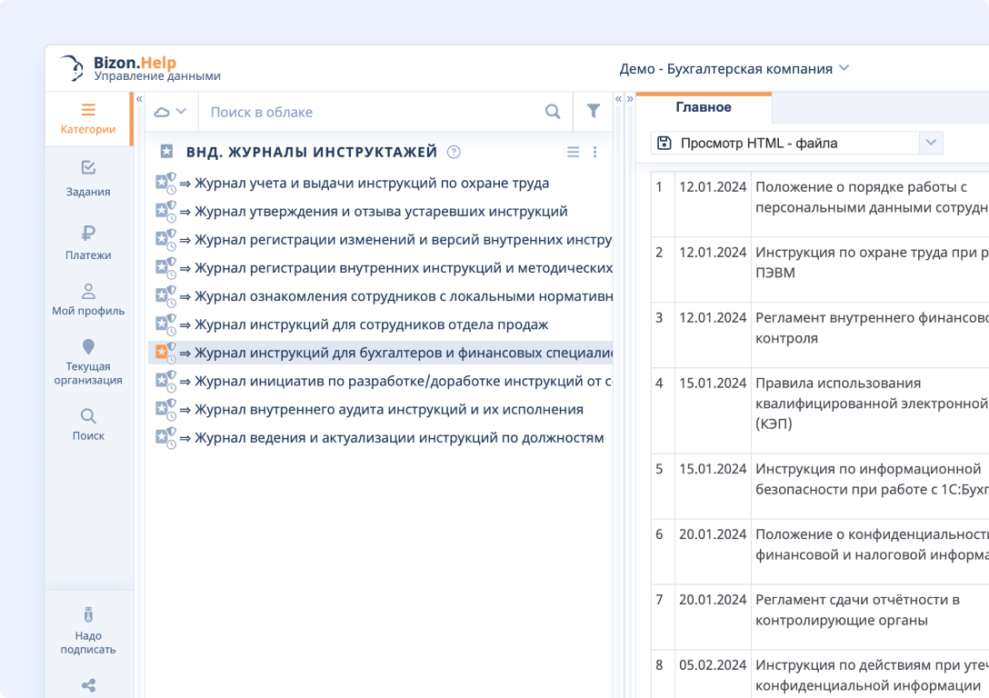 Рабочее пространство Bizon.help